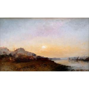 André Maglione (1838-1923) Coucher De Soleil Sur Un Village De Pêcheurs