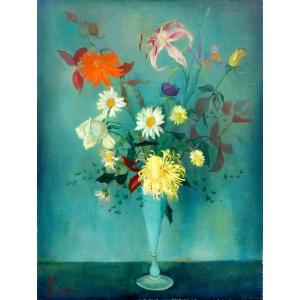 Guy Seradour (1922-2007) Bouquet On Green Background