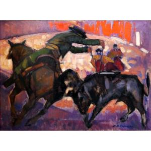 Jean-frédéric Canepa (1894-1981) Horseback Corrida Scene - Réjonéo - Rejonéador