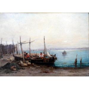 Victor Coste (1844-1923) Pêcheurs De Moules Sur l'Etang De Berre