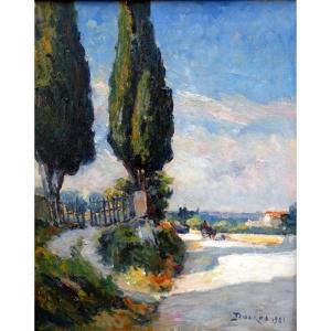 Edouard Ducros (1856-1936) Provençal Landscape Animated By A Cart