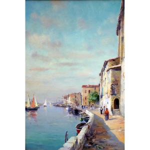Paul Simons (1865-1932) Martigues, Figures On The Quai Poterne