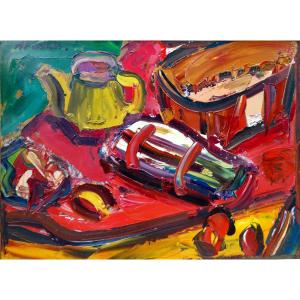 Antoine Ferrari (1910-1995) Nature morte au pichet jaune et aux asperges