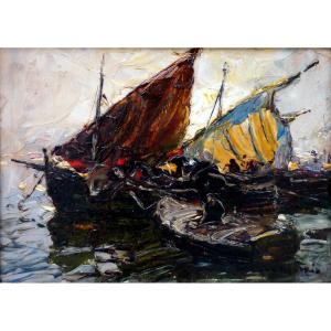 Laurent Mattio (1892-1965) Fishing Boats At Dusk