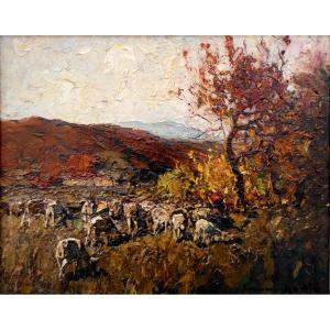 Laurent Mattio (1892-1965) Flock Of Sheep In An Autumn Landscape