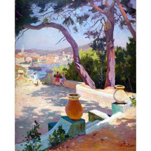 Antoine Ponchin (1872-1934) Terrasse sur les hauteurs de Martigues