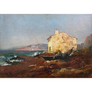 Louis Nattero (1870-1915) Pêcheur ravaudant ses filets sur sa barque tirée à terre