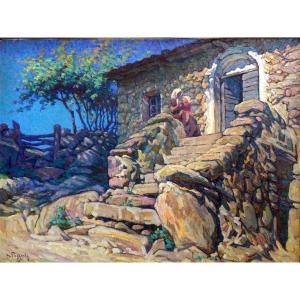 Marcel Dominique Poggioli (1882-1969) Femme et enfant devant une maison en Corse