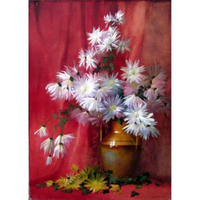 Jean Kern (1874-1967) Bouquet De Fleurs Sur Fond Rouge