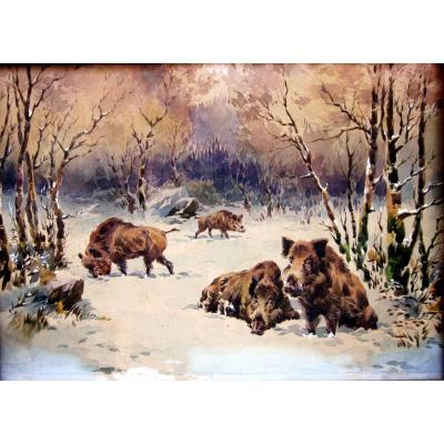 Georges Frédéric Rötig (1873-1961) Attributed To - Herd Of Boars In The Snow - Watercolor