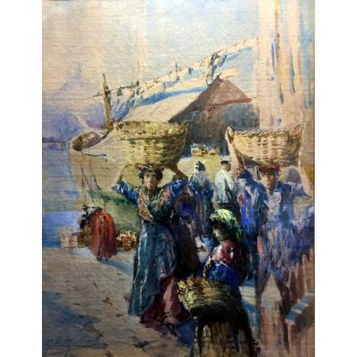 Gilbert Galland (1870-1950) Femmes Sur Le Quai à Marseille - Aquarelle