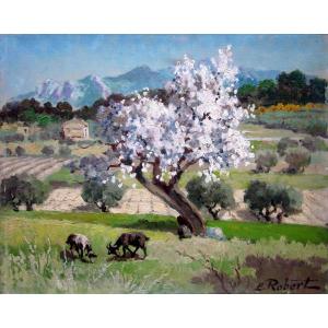 Etienne Robert (1875-1959) Chêvres et amandier en fleurs aux environs de la Sainte Baume