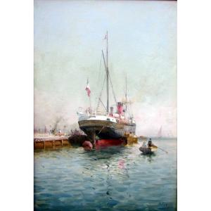 Marius Reynaud (1860-1935) Cargo Ship At The Quay