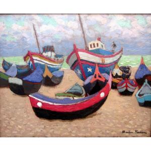 Jacques Martin Ferrières (1893-1972) Barques à Marée Basse à Nazaré - Portugal