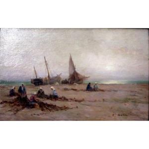 Victor Coste (1844-1923) Net Cleaners On The Beach