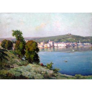 Jules Claverie (1858-1931) Martigues, Jeune Femme Assise Au Bord De l'Etang De Berre