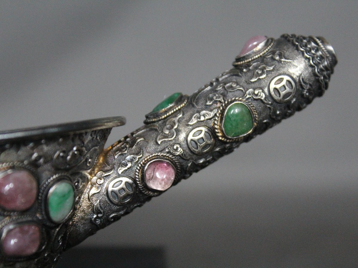 Petite Coupe Chinoise En Argent, Jade Et Pierres Semi-précieuses - Chine, Période République-photo-2