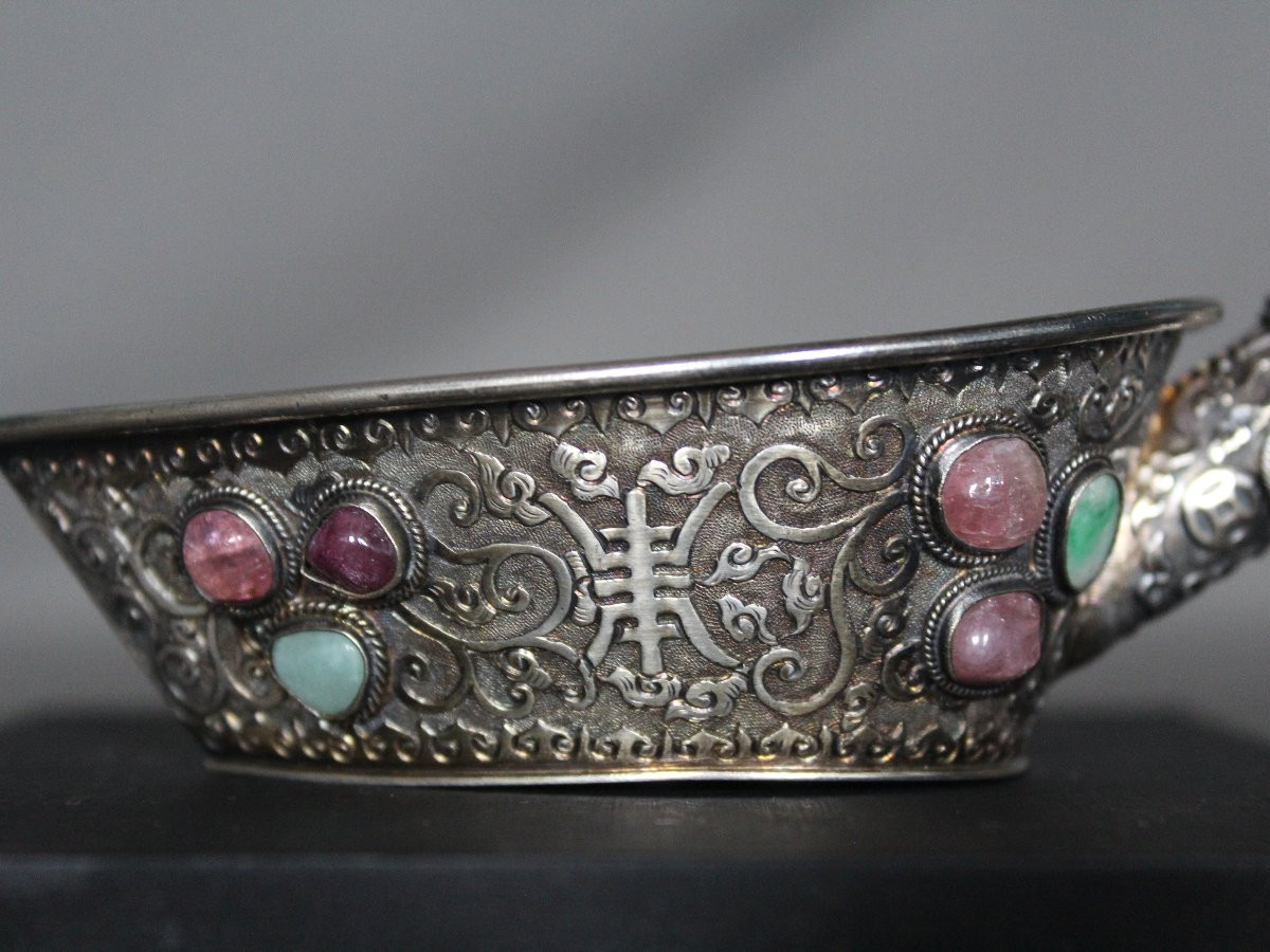 Petite Coupe Chinoise En Argent, Jade Et Pierres Semi-précieuses - Chine, Période République-photo-4