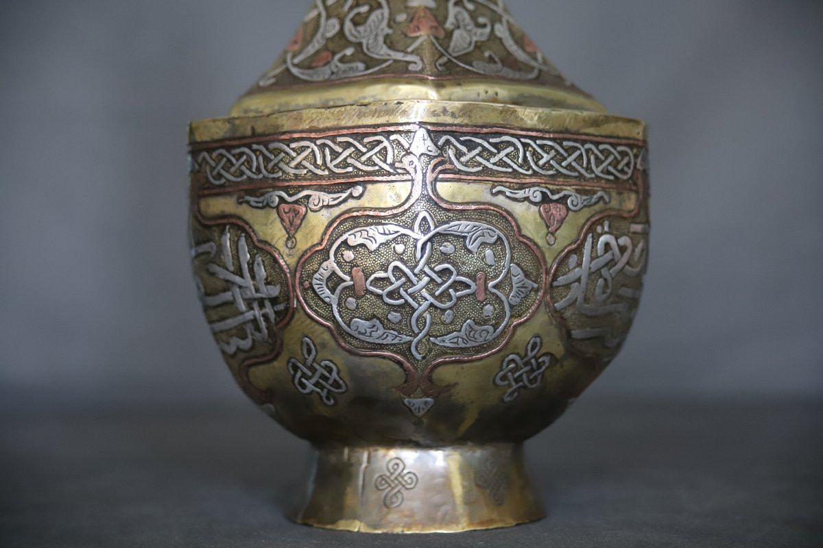 Vase En Laiton Damasquiné d'Argent Et Cuivre - Egypte Ou Syrie 19ème Siècle-photo-2