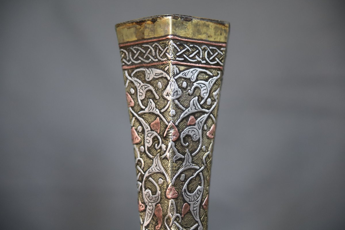 Vase En Laiton Damasquiné d'Argent Et Cuivre - Egypte Ou Syrie 19ème Siècle-photo-3