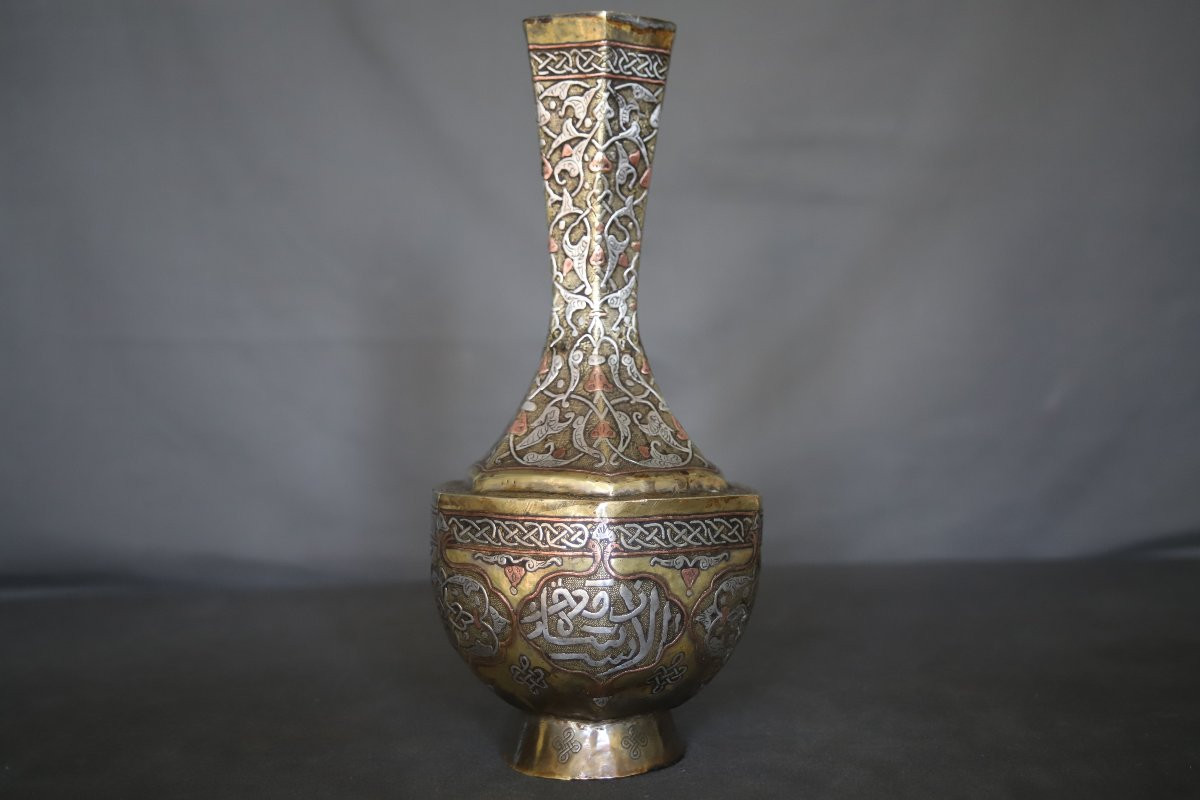 Vase En Laiton Damasquiné d'Argent Et Cuivre - Egypte Ou Syrie 19ème Siècle-photo-4