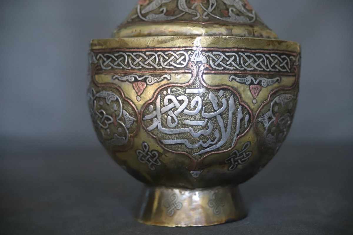 Vase En Laiton Damasquiné d'Argent Et Cuivre - Egypte Ou Syrie 19ème Siècle-photo-1