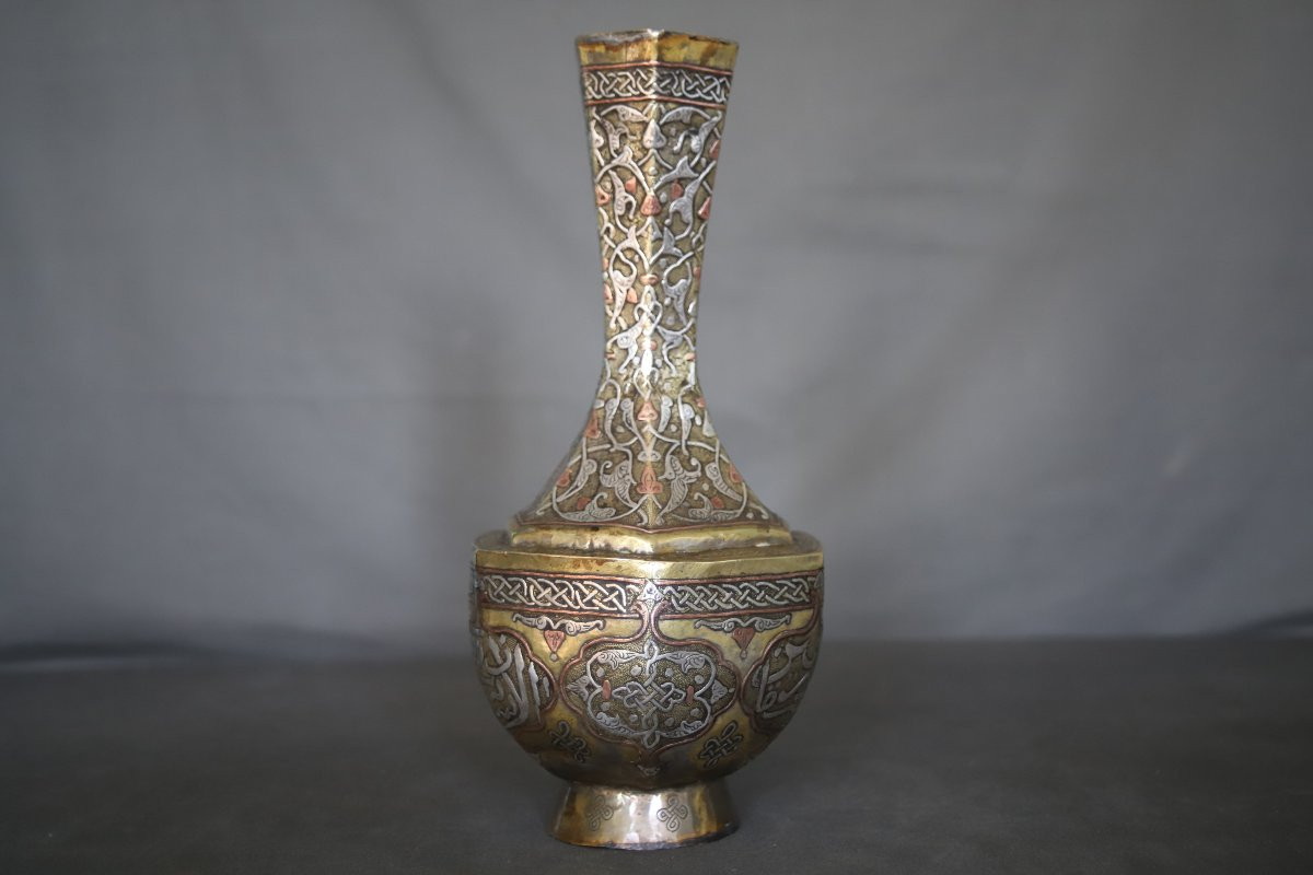 Vase En Laiton Damasquiné d'Argent Et Cuivre - Egypte Ou Syrie 19ème Siècle-photo-2