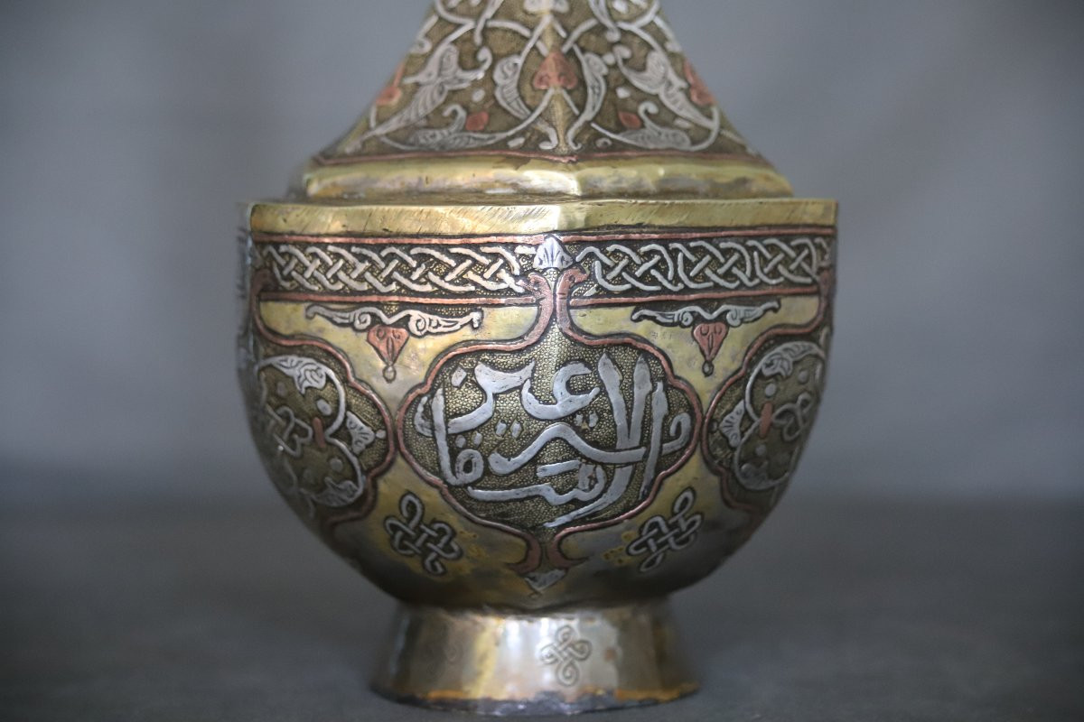 Vase En Laiton Damasquiné d'Argent Et Cuivre - Egypte Ou Syrie 19ème Siècle-photo-4