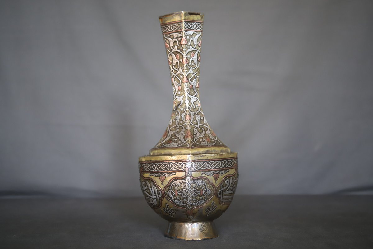 Vase En Laiton Damasquiné d'Argent Et Cuivre - Egypte Ou Syrie 19ème Siècle-photo-5