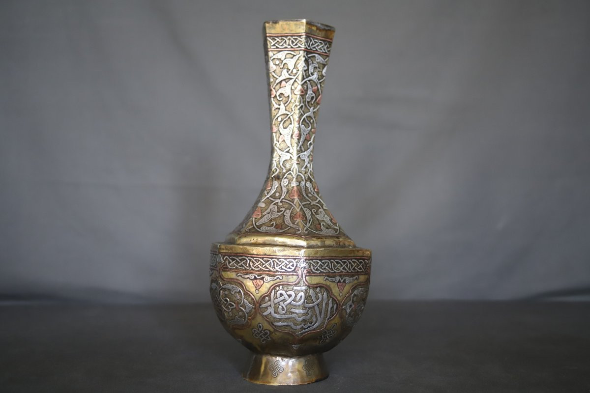 Vase En Laiton Damasquiné d'Argent Et Cuivre - Egypte Ou Syrie 19ème Siècle-photo-6