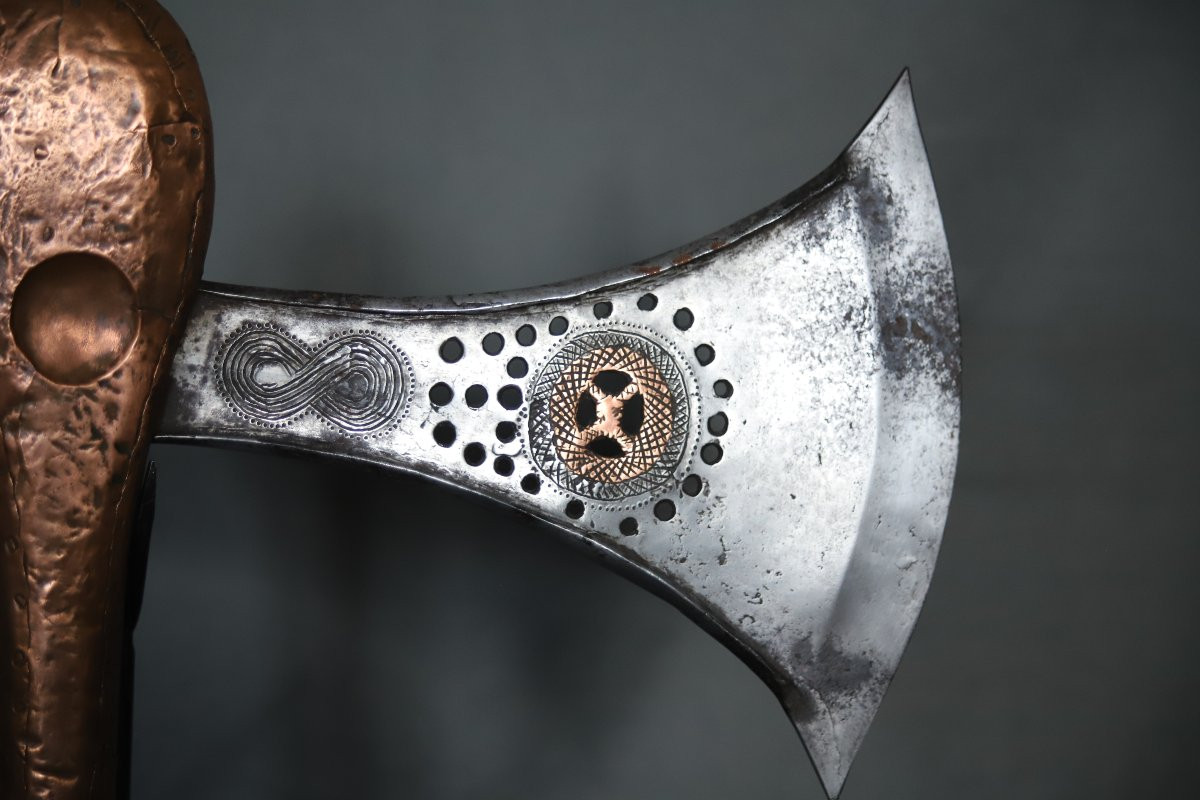 Prestige Axe In Wrought Iron And Copper - Songye, Drc, Zaire, Early 20th Century-photo-3