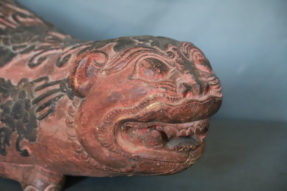 Grande Sculpture En Bois d'Un Tigre Rouge Et Noir - Indonésie, Bali, 19ème Début 20ème Siècle-photo-2