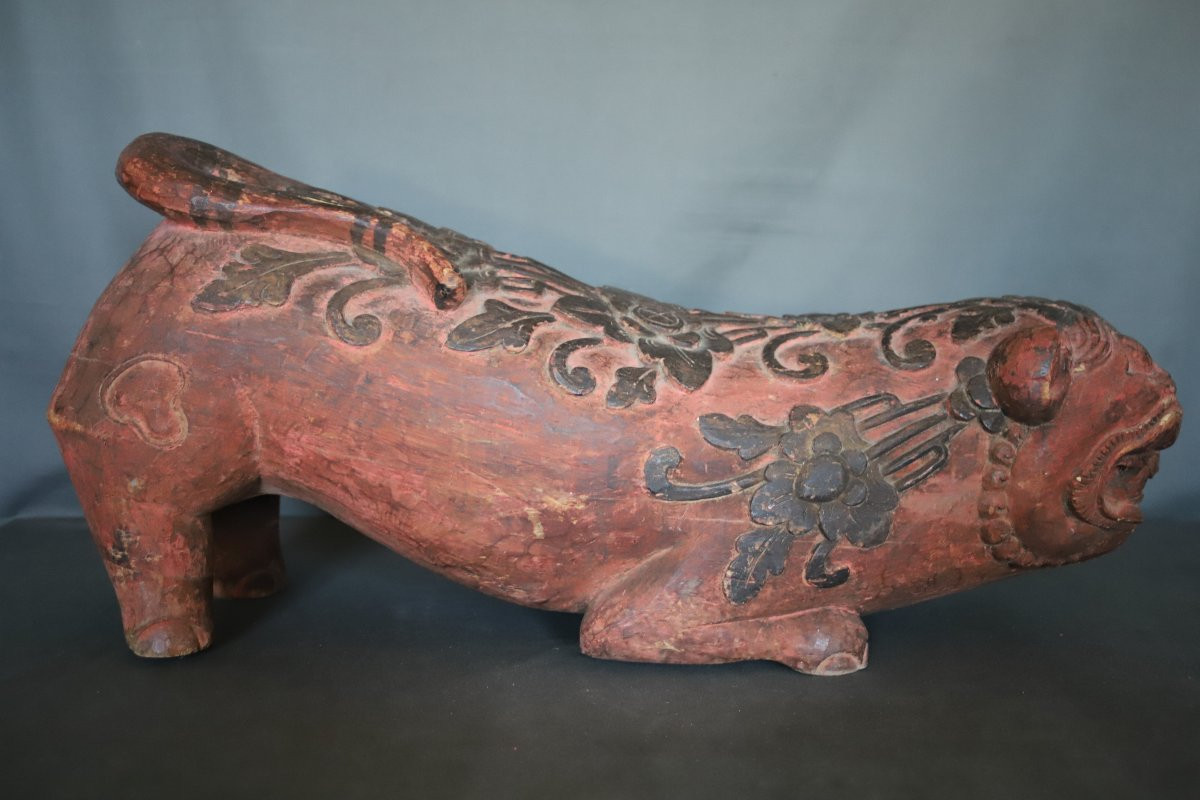 Grande Sculpture En Bois d'Un Tigre Rouge Et Noir - Indonésie, Bali, 19ème Début 20ème Siècle-photo-3