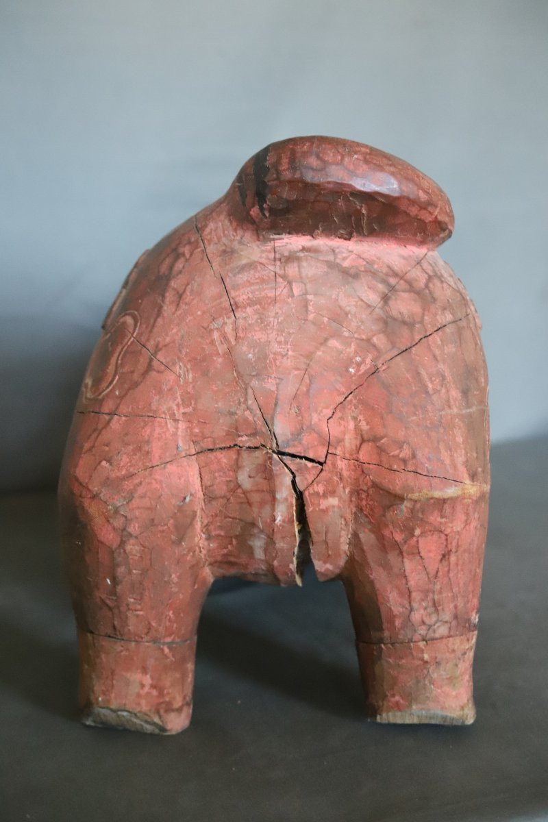 Grande Sculpture En Bois d'Un Tigre Rouge Et Noir - Indonésie, Bali, 19ème Début 20ème Siècle-photo-4