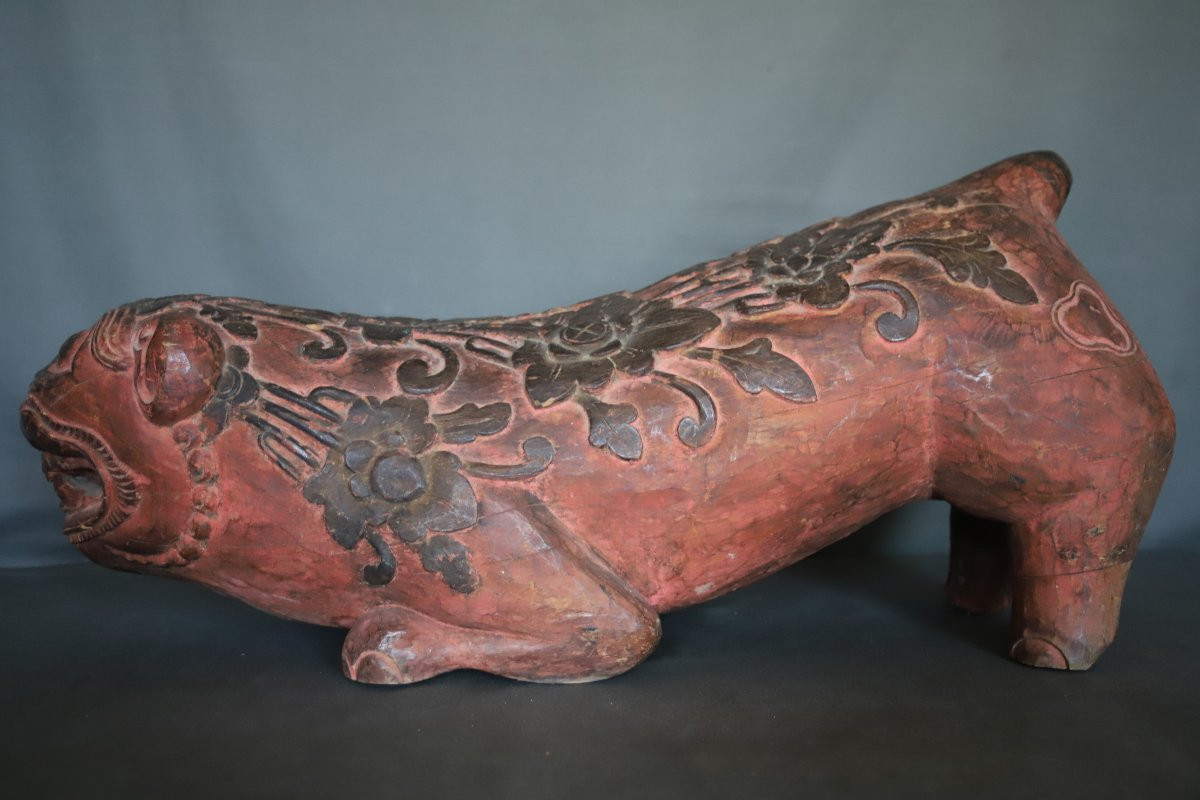 Grande Sculpture En Bois d'Un Tigre Rouge Et Noir - Indonésie, Bali, 19ème Début 20ème Siècle-photo-1