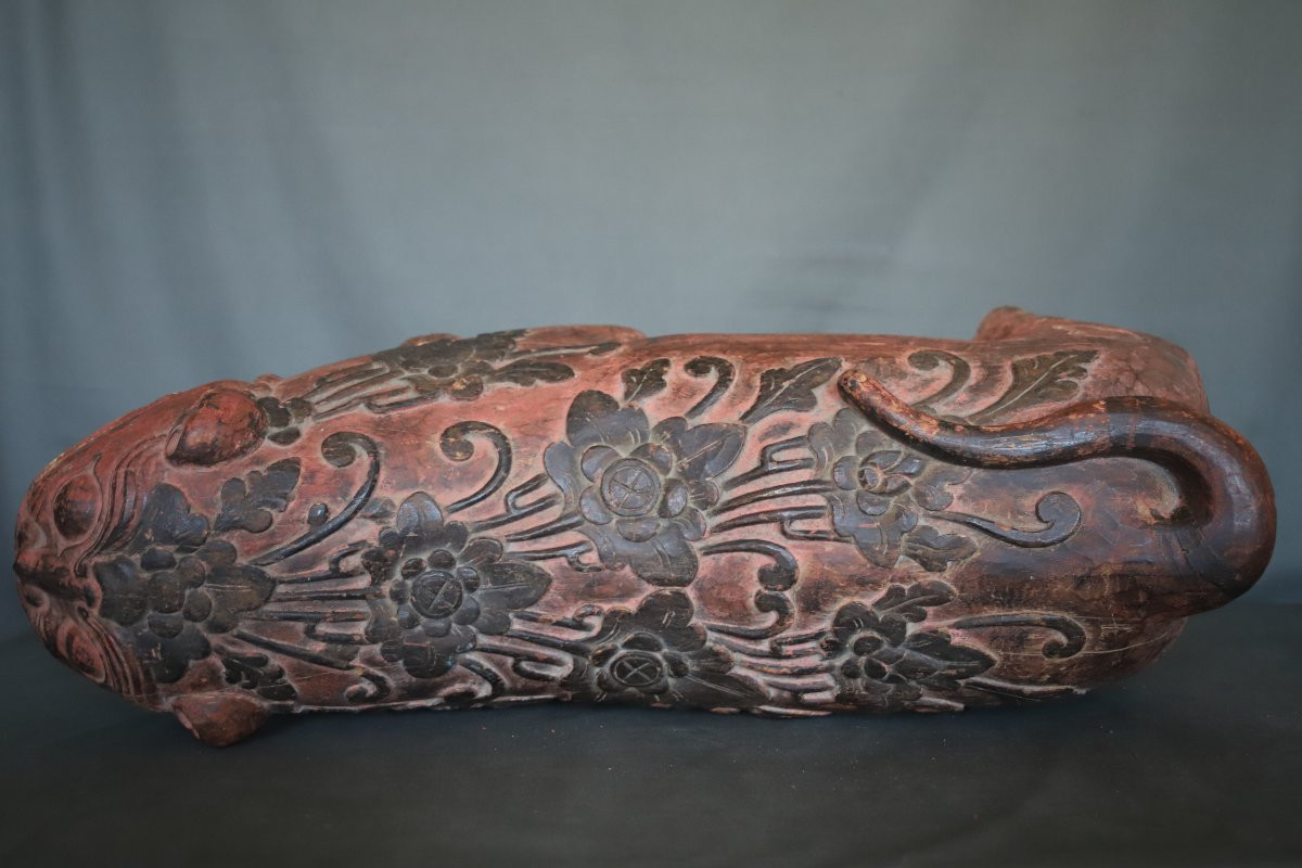 Grande Sculpture En Bois d'Un Tigre Rouge Et Noir - Indonésie, Bali, 19ème Début 20ème Siècle-photo-4