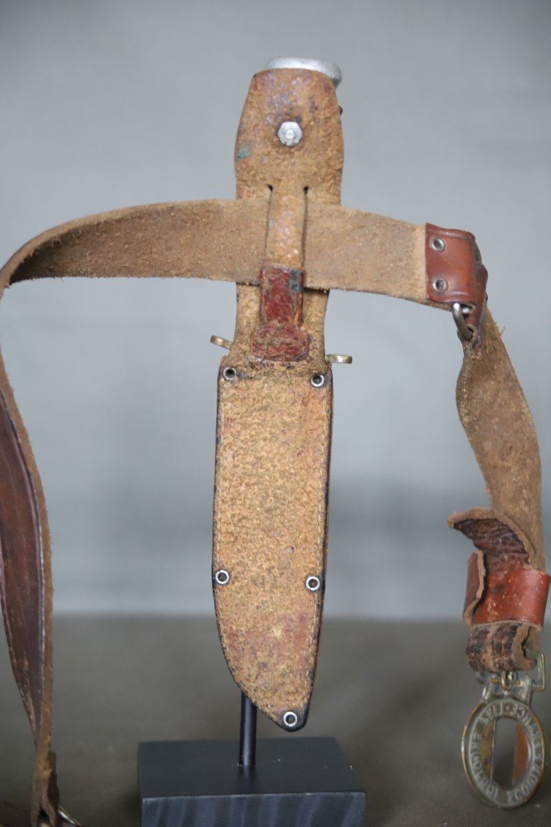  Ancien couteau de scout avec étui et ceinturon - France, marque la Hutte, années 50-60-photo-4