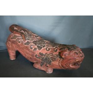 Grande Sculpture En Bois d'Un Tigre Rouge Et Noir - Indonésie, Bali, 19ème Début 20ème Siècle