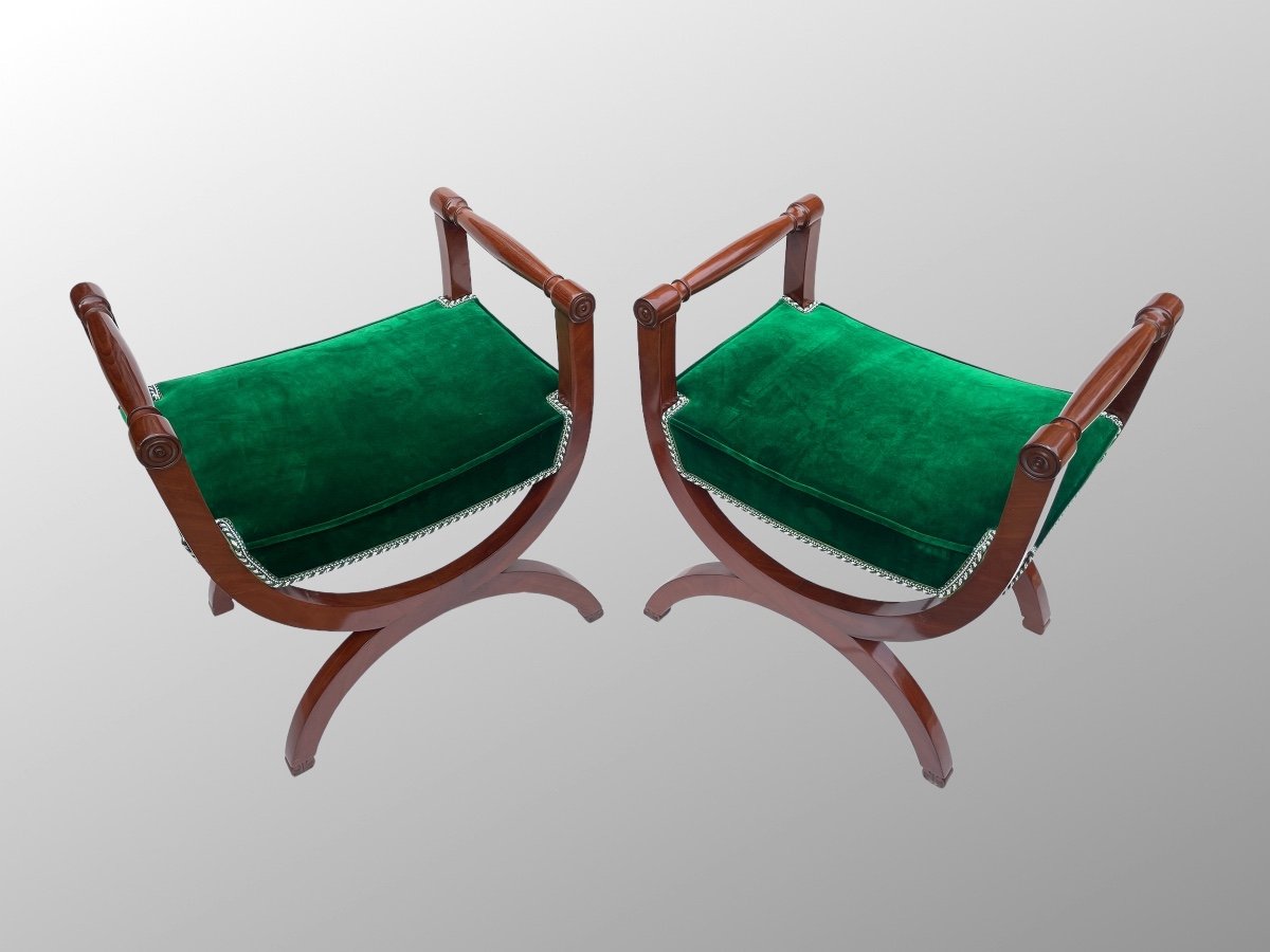 Paire De Tabourets Curule. Acajou. Epoque Premier Empire.-photo-2