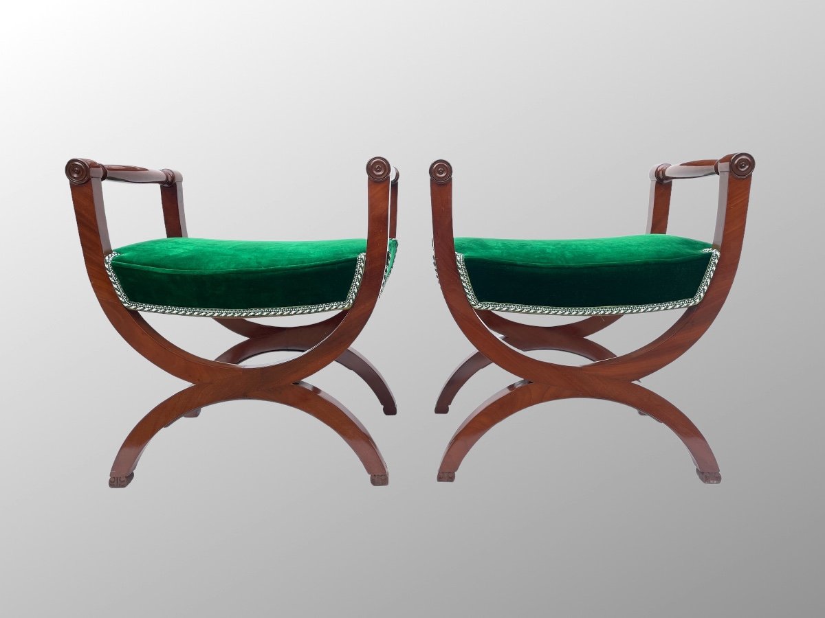 Paire De Tabourets Curule. Acajou. Epoque Premier Empire.-photo-1