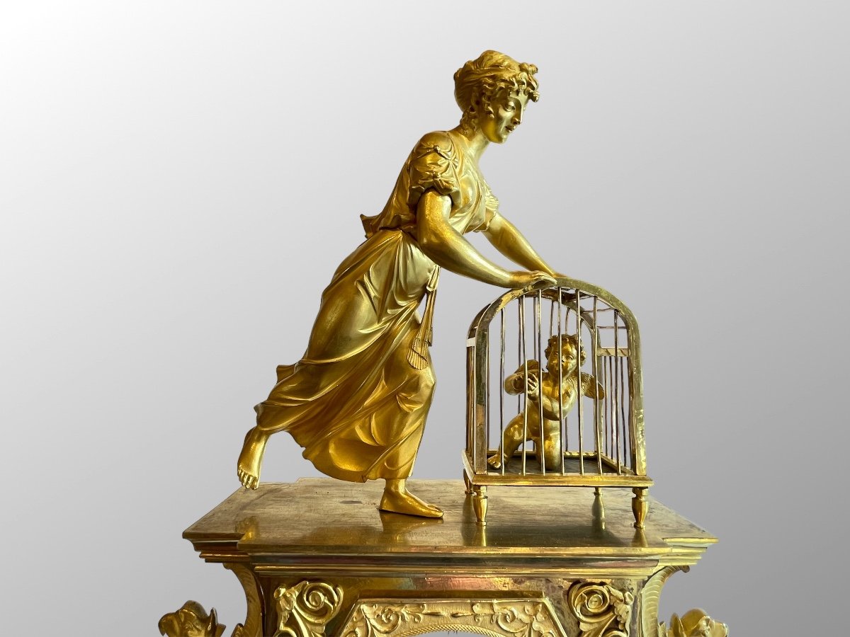 First Empire Period Clock "love In A Cage". Gilt Bronze.-photo-4
