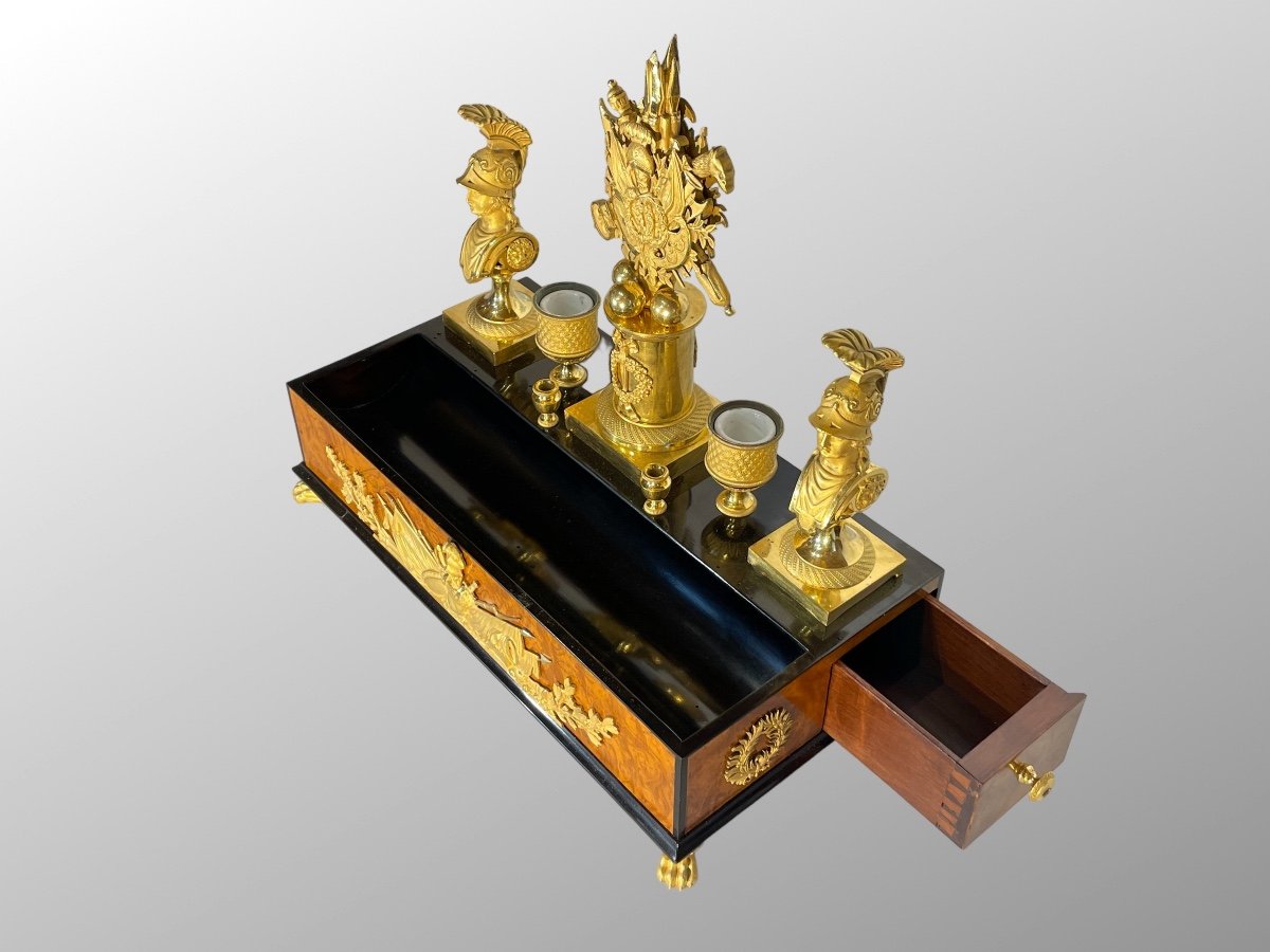 Encrier En Loupe De Frêne, ébène Et Bronze Doré. Epoque Premier Empire.-photo-3