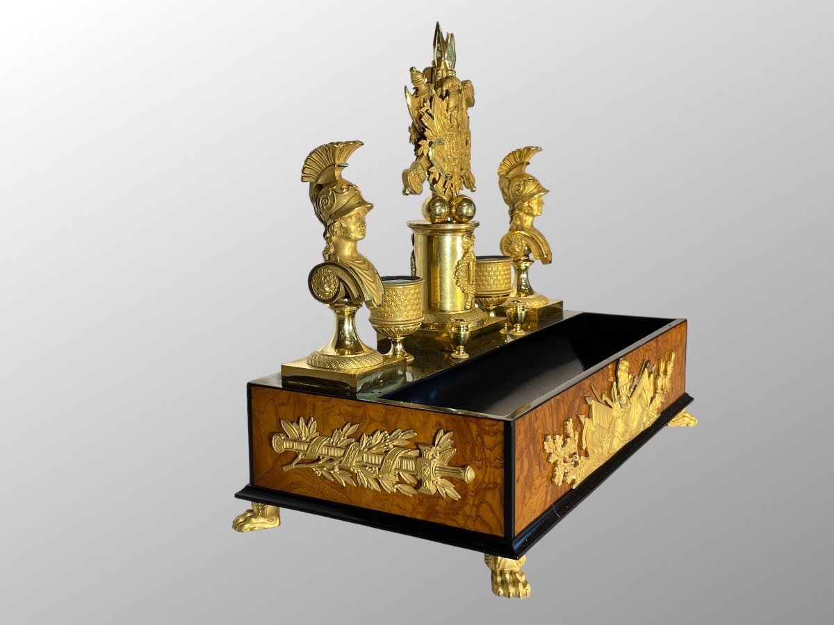 Encrier En Loupe De Frêne, ébène Et Bronze Doré. Epoque Premier Empire.-photo-4