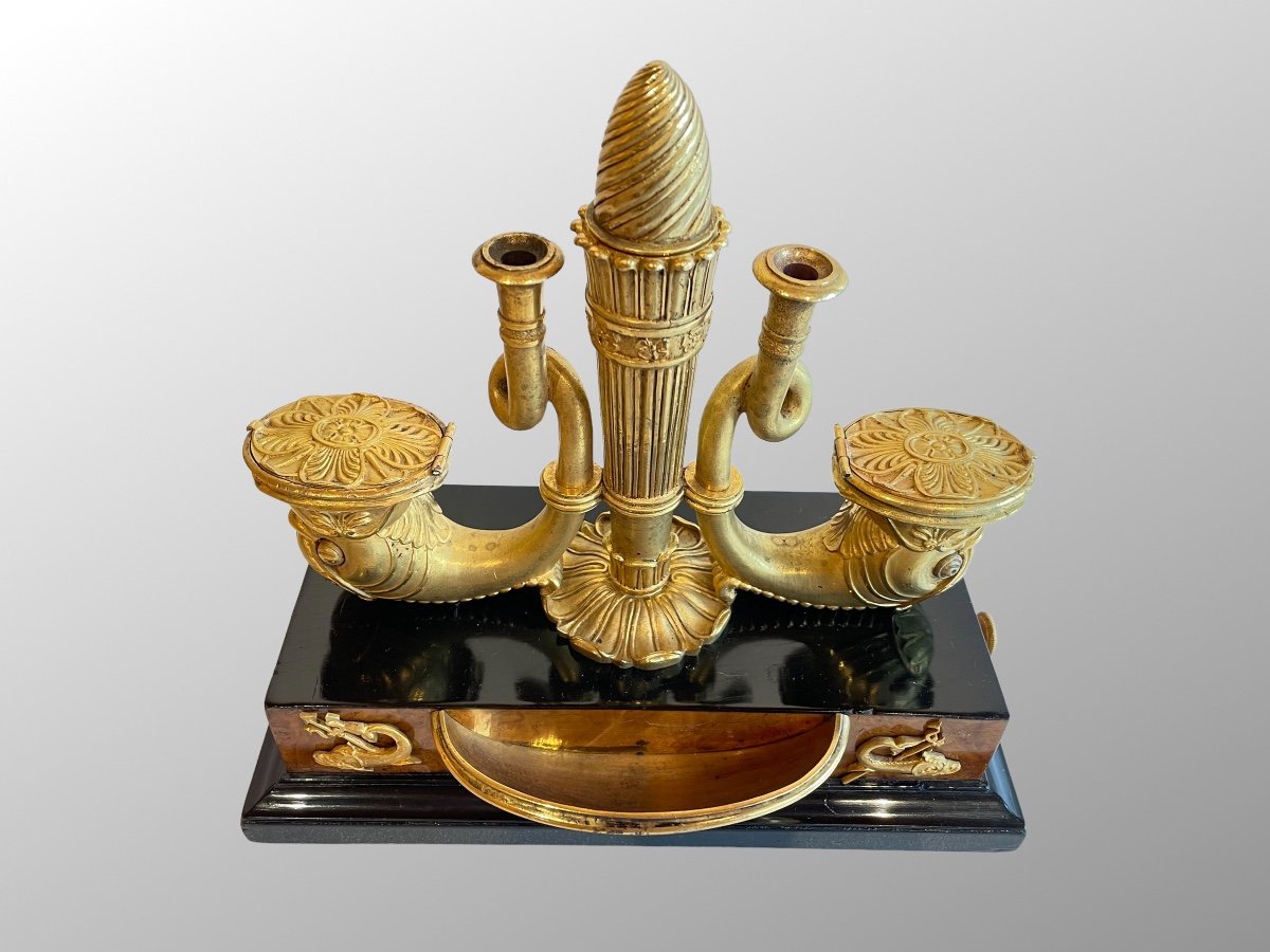 Inkwell In Ash Burl, Ebony And Gilt Bronze. First Empire Period.-photo-3