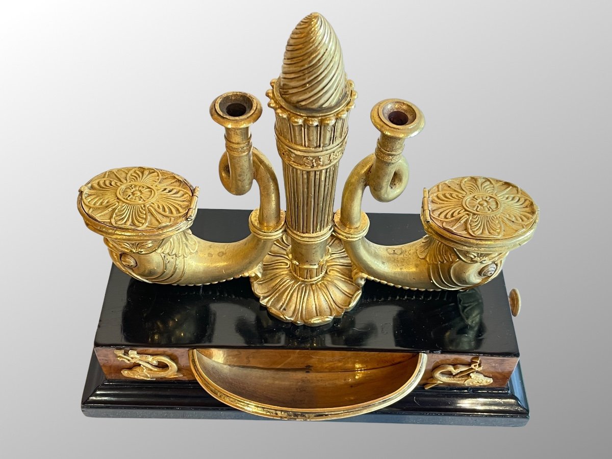 Inkwell In Ash Burl, Ebony And Gilt Bronze. First Empire Period.-photo-1