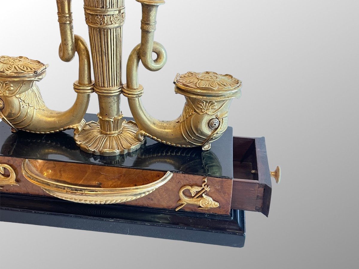 Inkwell In Ash Burl, Ebony And Gilt Bronze. First Empire Period.-photo-3