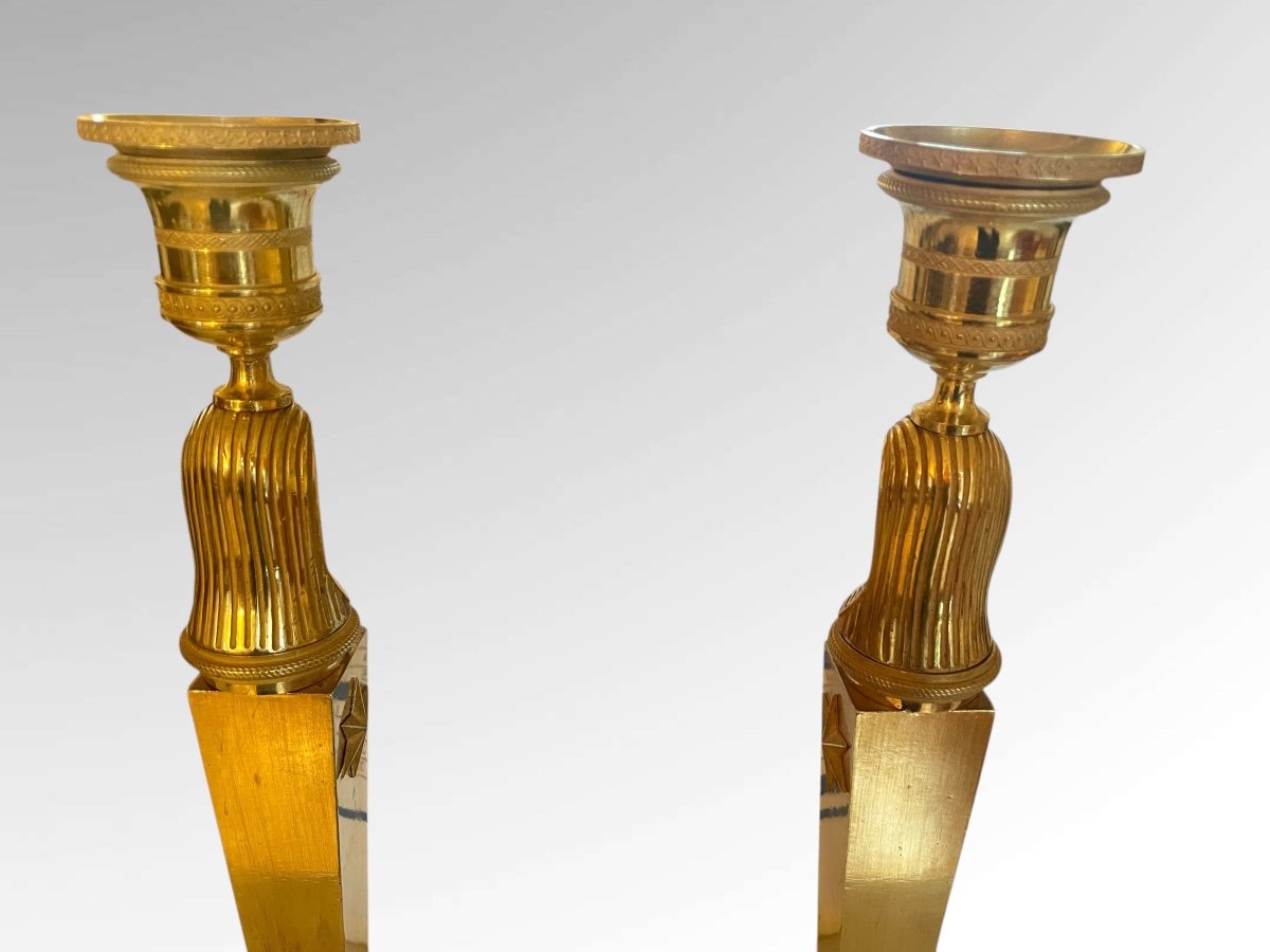 Pair Of Gilt Bronze Candlesticks From The Early 19th Century.-photo-3
