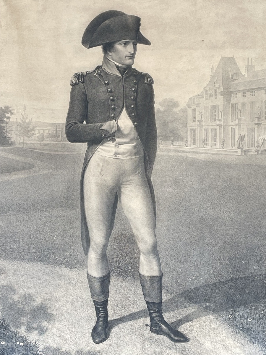 Grande gravure de Bonaparte à La Malmaison. D'après Isabey, gravé par Lingée et Godefroy.