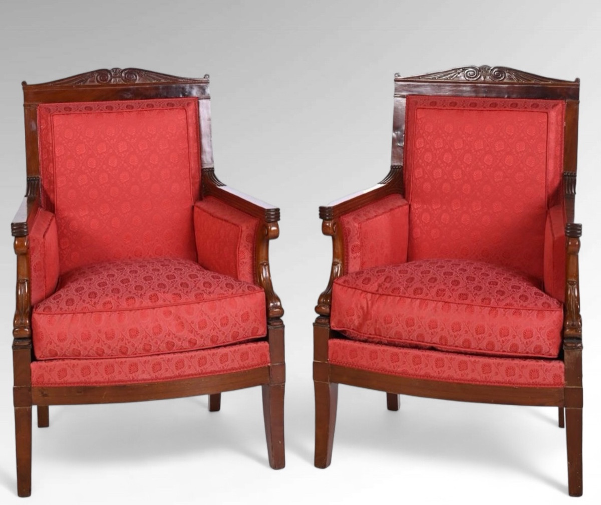 Pair Of Mahogany Bergere Chairs From The First Empire Period. 