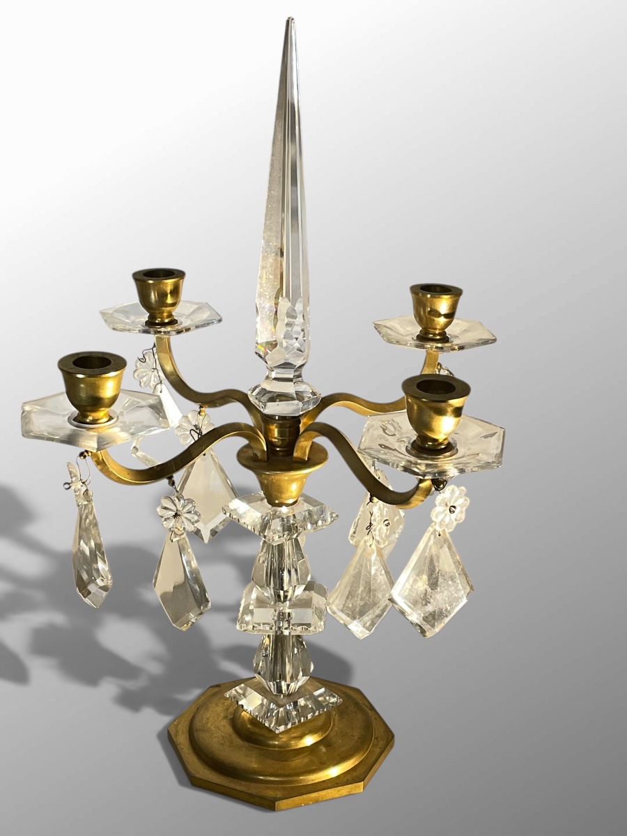 Pair Of Girandoles By Baccarat Circa 1940, Crystal And Bronze-photo-2
